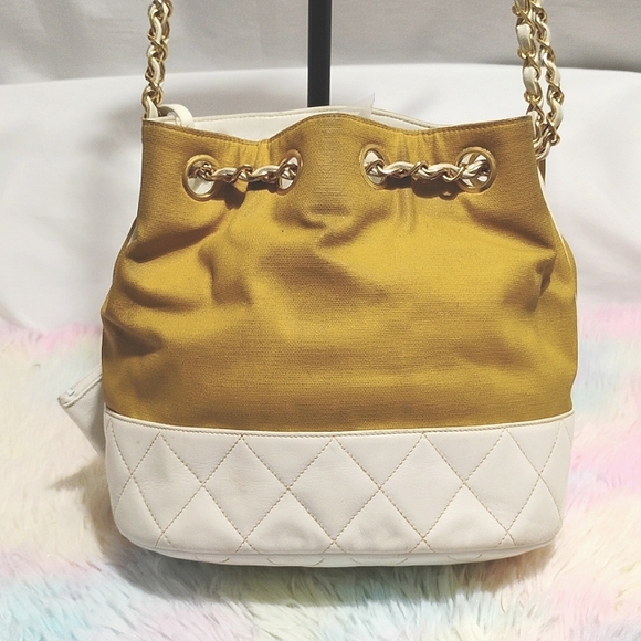 FLASH SALE! Auth CHANEL Shoulder Bag W Chain Strap White Leather Mustard Fabric - Picture 5 of 16